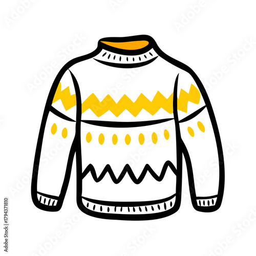 Cozy winter sweater cartoon with yellow zigzag pattern and dots