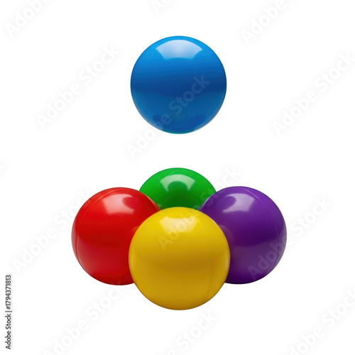 Dynamic arrangement of bright plastic balls with blue sphere atop