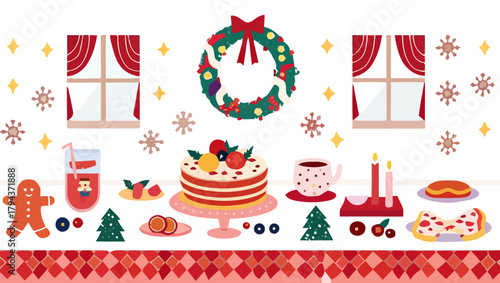 Festive christmas table with cake, gingerbread, wreath, candles, and drinks in a cozy room setting