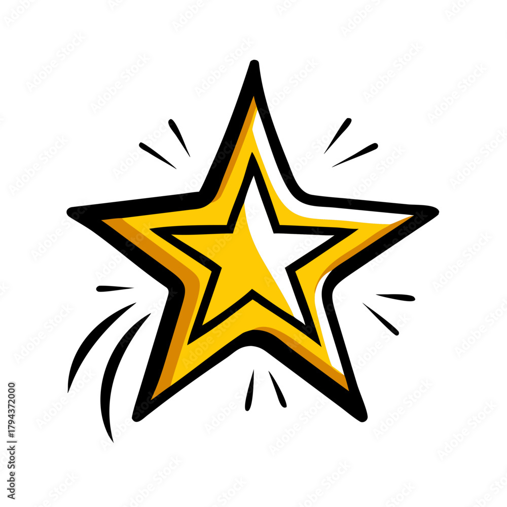 Obraz premium Stylized gold star with a black outline and comic book sparkle