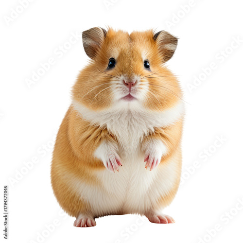 Cute golden hamster standing upright, isolated on black background