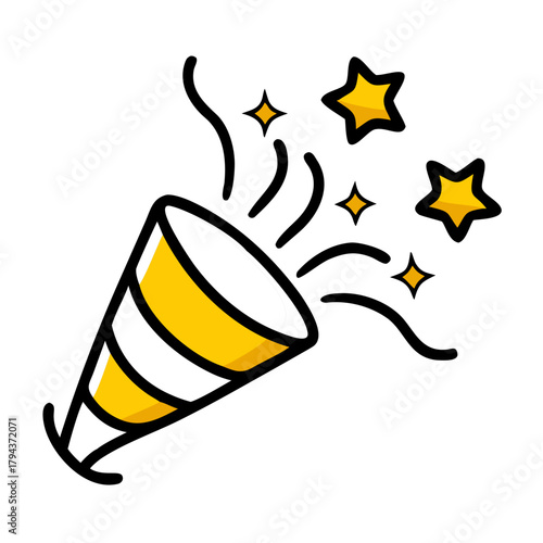 Party popper with stars and confetti, celebration event icon