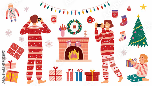 People in pajamas taking pictures of christmas decorations and gifts around a fireplace and tree