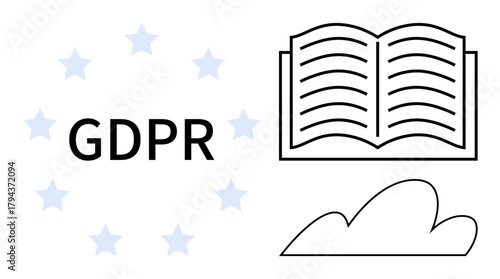 Open book, cloud, and stars encircling GDPR text, symbolizing data privacy, compliance, transparency, and EU regulation. Ideal for legal, tech IT data protection cloud security policy web
