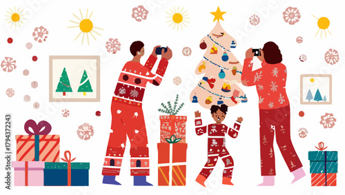 Family celebrating christmas with gifts and a decorated tree while taking photos in matching pajamas