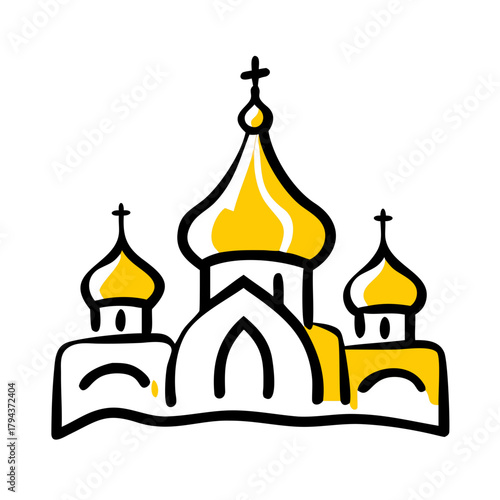 Orthodox church illustration with golden onion domes and crosses