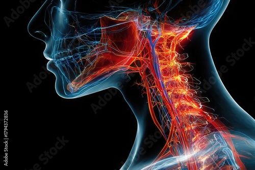 Human Head and Neck Anatomy Profile with Nerves and Blood Vessels