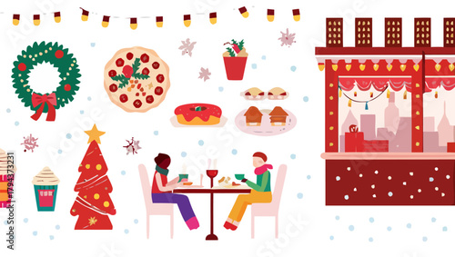 Illustration of a christmas market with food, decorations, and people dining at a table indoors