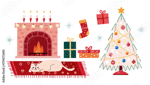 A christmas scene with a decorated tree presents fireplace and a cat sleeping on a rug near the fire