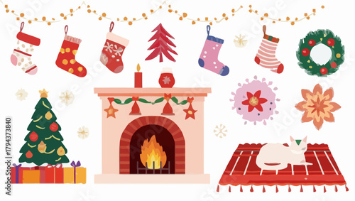 Festive christmas scene with stockings, fireplace, tree, cat, and decorative ornaments displayed