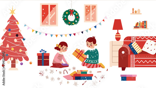 Children opening christmas presents near a christmas tree and a red sofa in a decorated living room