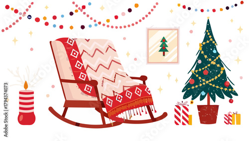 Illustration of a christmas scene with a rocking chair tree gifts and candle in a cozy home setting