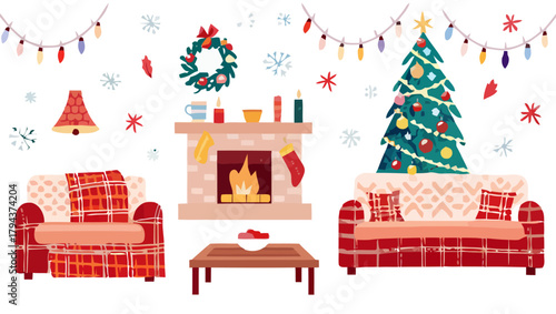 Illustration of a cozy christmas interior with a tree fireplace and furniture in a festive setting indoor