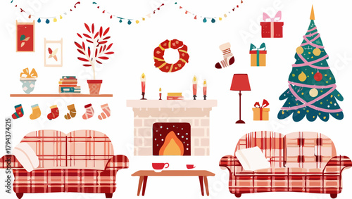 Festive christmas living room scene featuring a christmas tree and a cozy fireplace setting up the mood