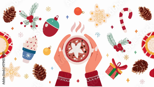 Cozy christmas scene with hot chocolate, ornaments, and festive holiday decorations arranged nicely