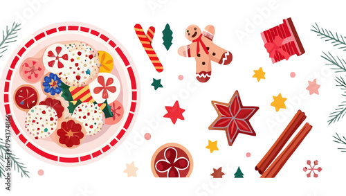 Festive christmas treats and decorations including cookies candy and a gingerbread man on a white background