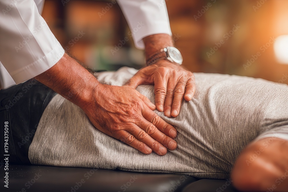 Fototapeta premium Healthcare professional performing manual therapy on a patient's lower back