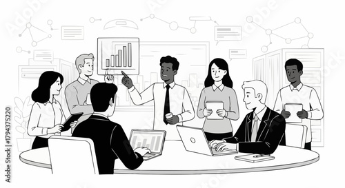 Business team meeting discussing financial data and strategies.