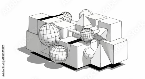 Geometric Composition - Cubes, Spheres, and Pyramid in Abstract Arrangement.