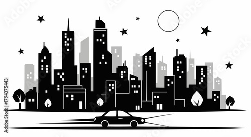 Silhouette of a car driving through a city at night under the stars.