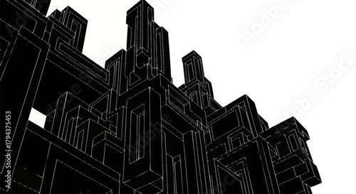 Abstract geometric black and white architectural structure with sharp angles and towering forms.