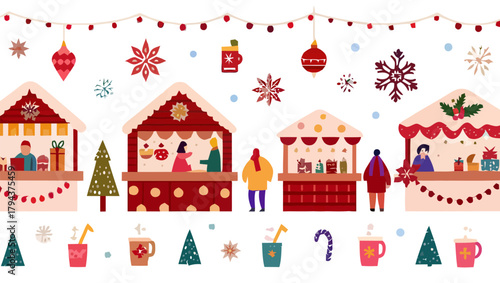 christmas background with houses and stalls of eating and decorative items