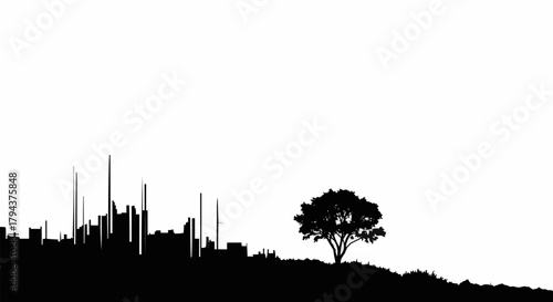 Silhouette of a Tree and Cityscape Against a White Background.
