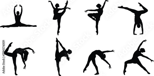 Ballet and gymnastics dancer silhouettes in dynamic poses showing elegant flexibility and balance, contemporary dance movement set on white background