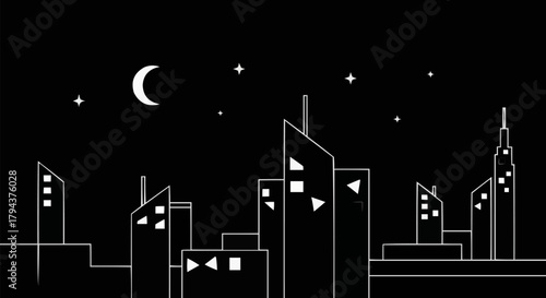 Minimalist Night Cityscape with Crescent Moon and Stars.