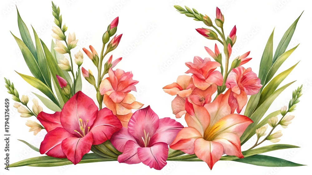 Obraz premium Watercolor gladiolus flowers, vibrant pink and orange floral border design
