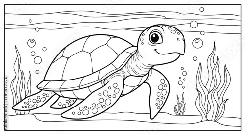 Sea turtle swimming among underwater plants in coloring page design  