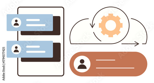 Workflow with user profiles, cloud syncing, and gear icon representing automation. Ideal for technology, communication, teamwork, data management, innovation, collaboration digital transformation