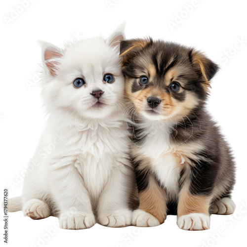 Kitten and puppy cuddled together, bright eyed, sitting closely, friends