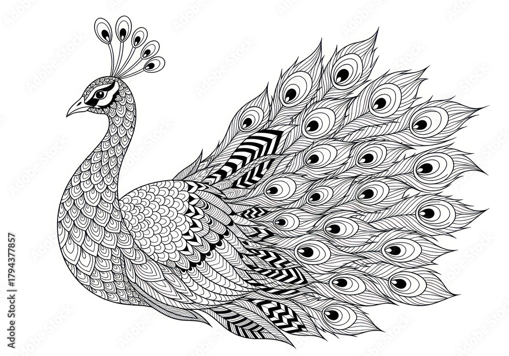 Fototapeta premium Intricate peacock illustration with detailed feather design