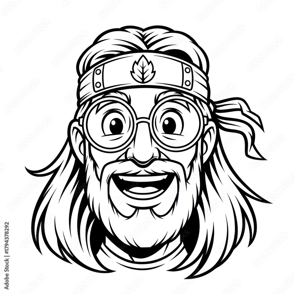 Fototapeta premium Smiling cartoon man portrait with long hair and glasses