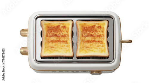 Two-slice toaster with toasted sandwich, top view on white isolated on a Transparent background, PNG file.