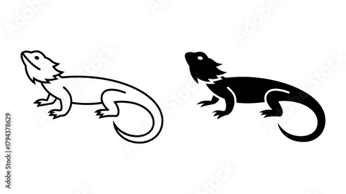 Vector Illustration of a bearded dragon in black and white, showcasing the reptiles distinctive features and silhouette