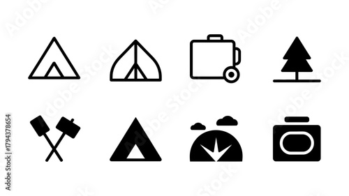 Set of camping icons featuring tent, luggage, tree, marshmallow, landscape, and camera