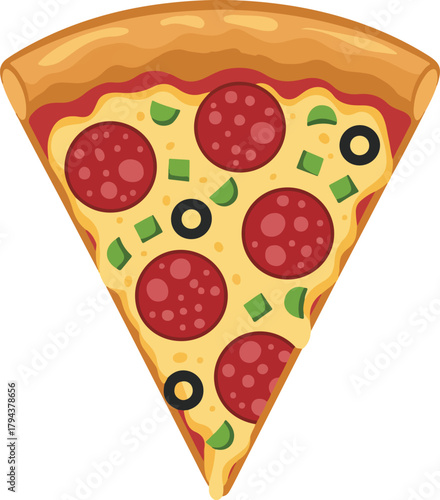 Delicious pizza slice vector with savory pepperoni, black olives, and green peppers for restaurant menus and food apps