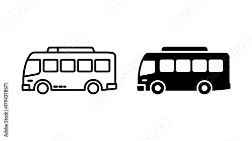 Black and white illustration of a bus, showcasing its design, windows, and wheels