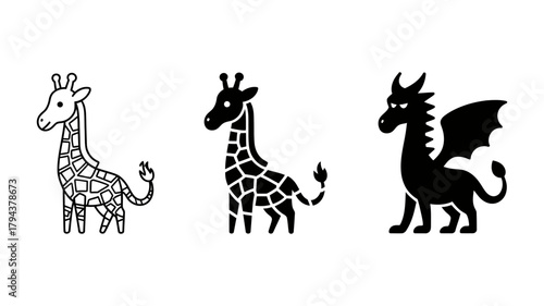 Set of giraffe and dragon icons, showcasing wildlife and fantasy creatures in simple, elegant designs
