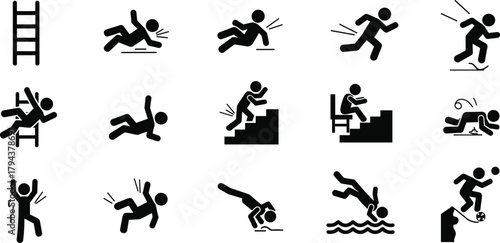 Accident icons, safety symbols, falling silhouettes, injury risk, workplace hazard, sports mishaps, emergency visuals, human motion, danger signs, vector set