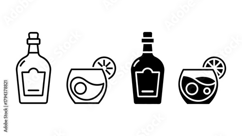 Liquor bottle and cocktail glass icon simple outline drawing of alcohol drink with lemon slice and liquid