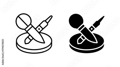 Microphone and pen on a stand symbol of journalism, interview, reportage, or media work in a simple and modern style
