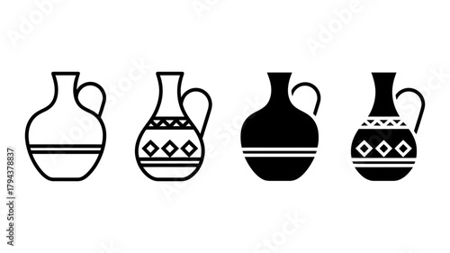 Elegant clay jug icon simple outline drawing of a traditional pottery vessel with handle and decorative pattern