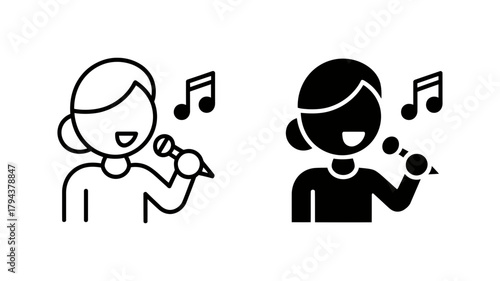 Singer with microphone and music note symbol of singing, karaoke, music, concert, or performance in a simple style