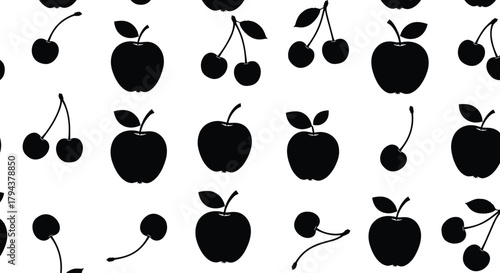 Apple and cherry fruit pattern, black silhouette design, seamless background, minimal style, food illustration, textile print, wallpaper, vector art
