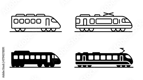 Four train icons, two in outline and two in solid black