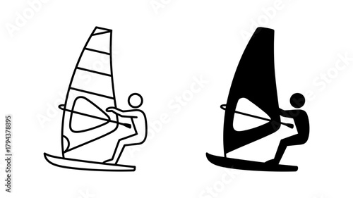 Windsurfer icon set collection of windsurfing symbols vector illustration of windsurfer with sail and board