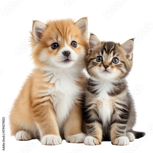 Adorable corgi puppy and tabby kitten sitting together
